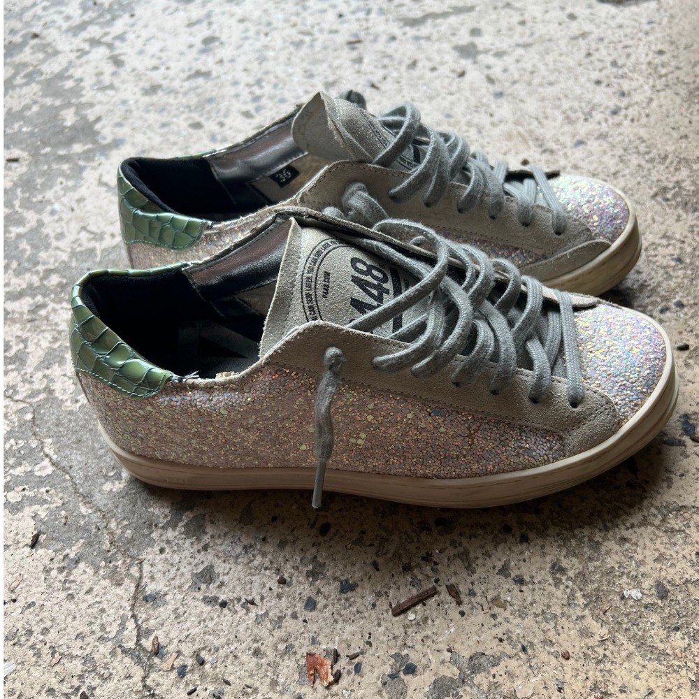 P448 John Glitter Low Top Sneakers Green Croc Heel Silver Suede Womens 36 Italy